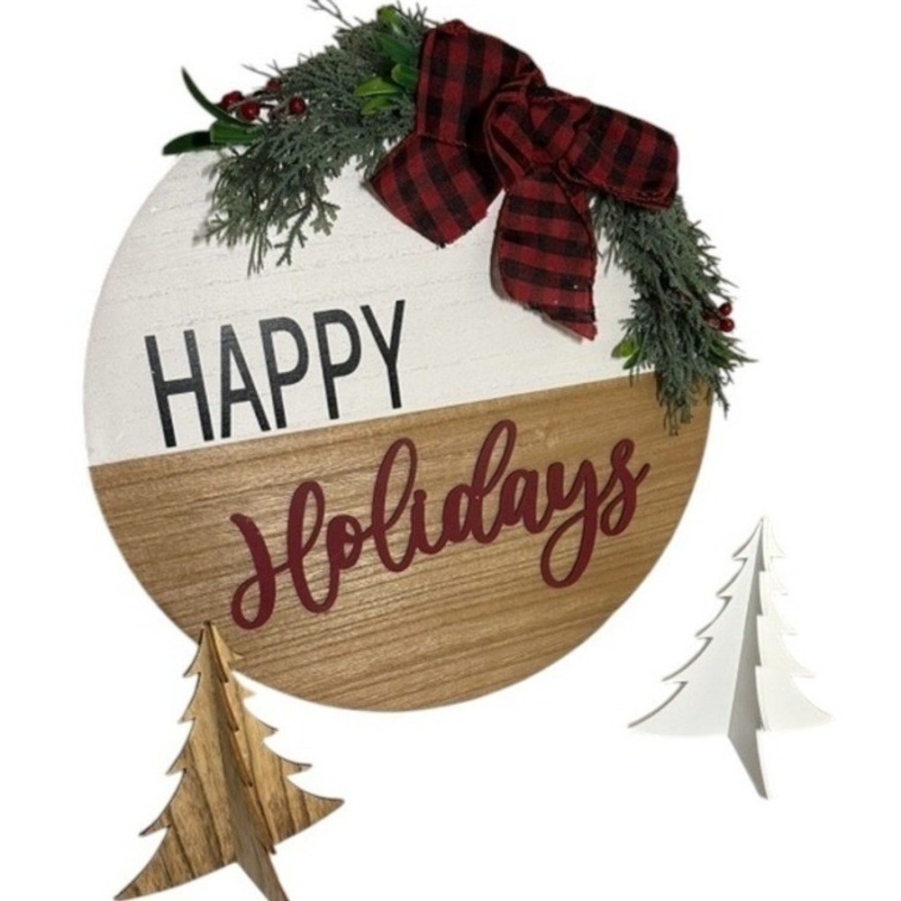 Happy Holidays Wooden Round Door Hanger Sign Buffalo Plaid‎ Bow Farmhouse Decor